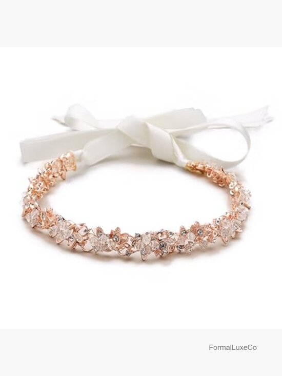 Bridal Wedding Headband Hair Vine with Ribbon - Crystal Cluster